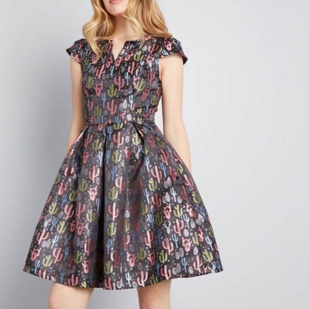 ModCloth Multicolor Metallic Cactus Fit-and-Flare Dress